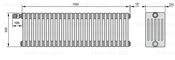 Схема (чертеж) Радиатор Zehnder Charleston 6055/25 №V011 Белый глянцевый RAL 9016
